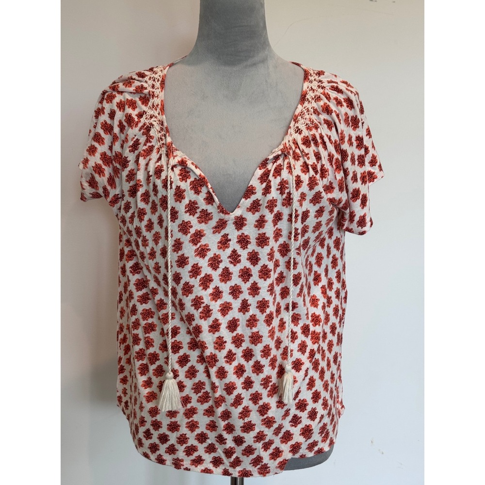 Lucky Brand Womens Medium Red Medallion Crochet Lace Tassel Peasant Blouse Top